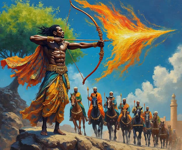 Archer Warrior Flaming Bow Riders Tree Blue Sky