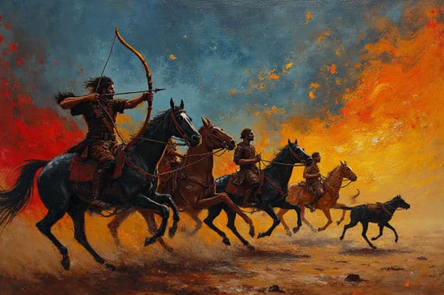 Archer Riders Horseback Flame Battlefield Dog