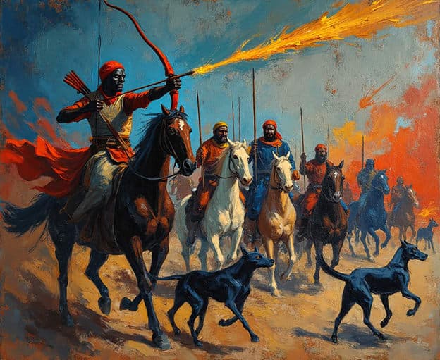 Archer Warriors Horseback Flame Arrow Dogs Desert