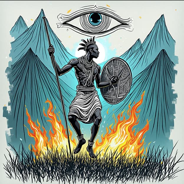 Warrior Shield Spear Flames Evil Eye Symbol Line Art
