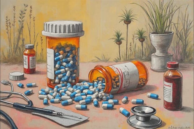 Pill Bottles Cough Syrup Stethoscope Plants Still Life Two