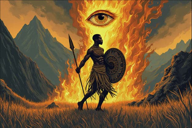 Warrior Spear Shield Flames Evil Eye Mountains Color