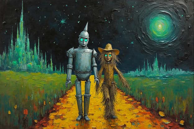 Tin Man Scarecrow Night Stars Glowing Eyes Emerald City