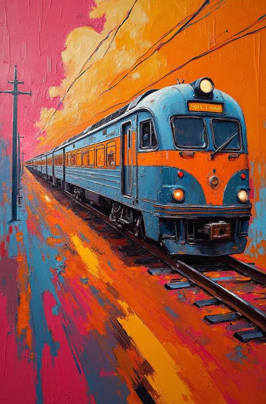 Vintage Train Pink Orange Sky Tracks Painting