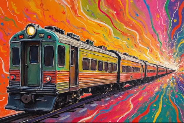 Colorful Locomotive Train Psychedelic Rainbow Streaks