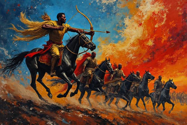 Archer Warrior Horseback Riders Blue Red Sky