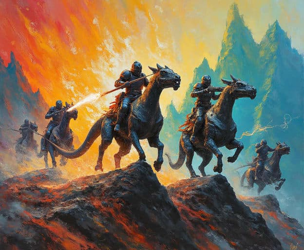 Dragon Mount Knights Riders Mountain Battle Fire