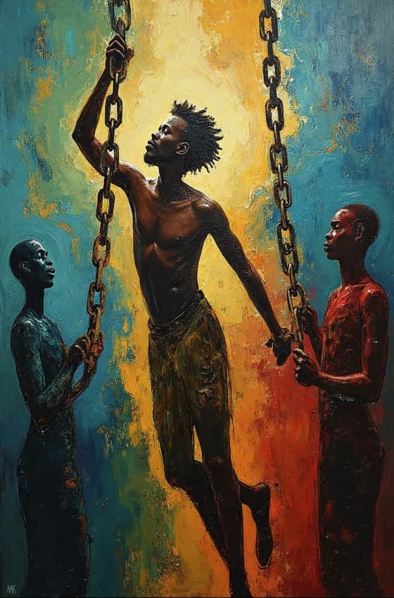 Three Figures Chains Warm Gradient Symbolic Painting