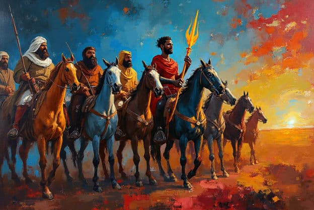 Mounted Warriors Riders Desert Sunset Spear