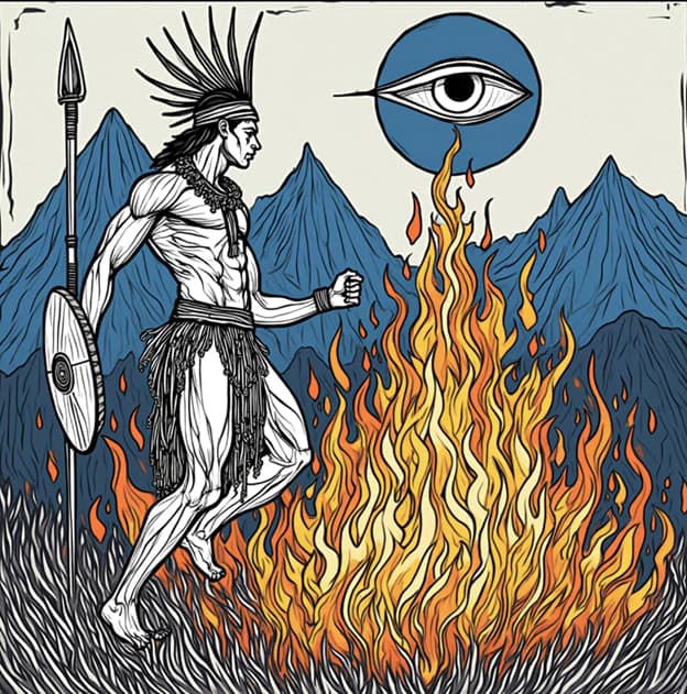 Warrior Spear Shield Flames Evil Eye Mountains Line Art