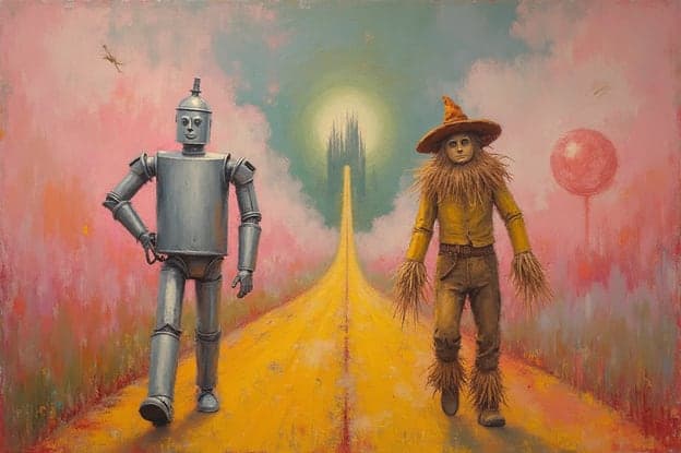 Tin Man Scarecrow Yellow Brick Road Pink Sky Castle