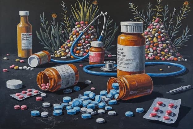 Pill Bottles Stethoscope Syringe Blister Packs Dark Still Life