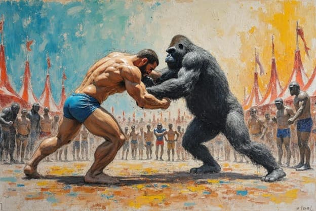 Circus Strongman Gorilla Wrestling Crowd Tents