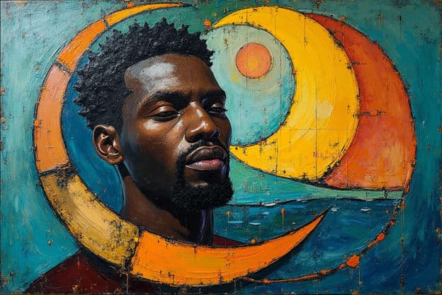 Bearded Man Crescent Circle Sun Ocean Portrait