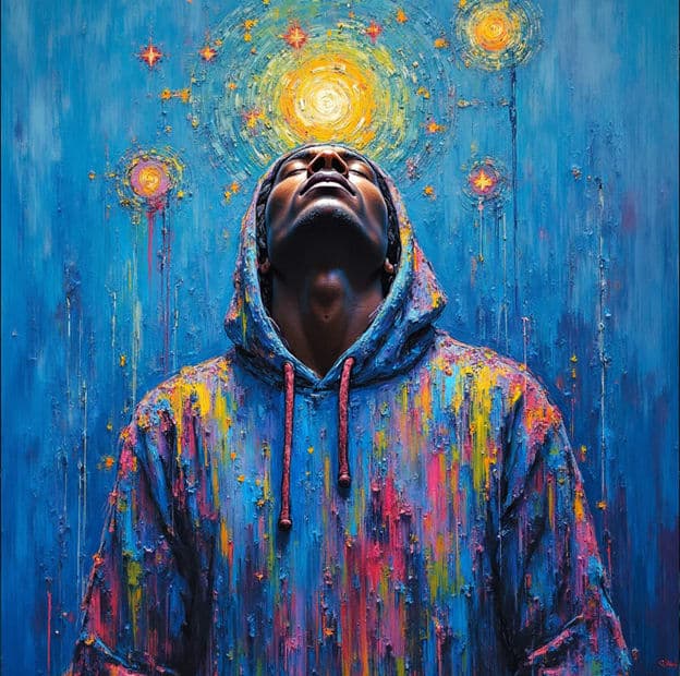 Man Hoodie Head Tilted Radiant Stars Portrait