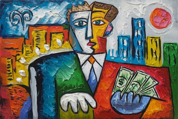 Cubist Businessman Holding Cash City Skyline Portrait