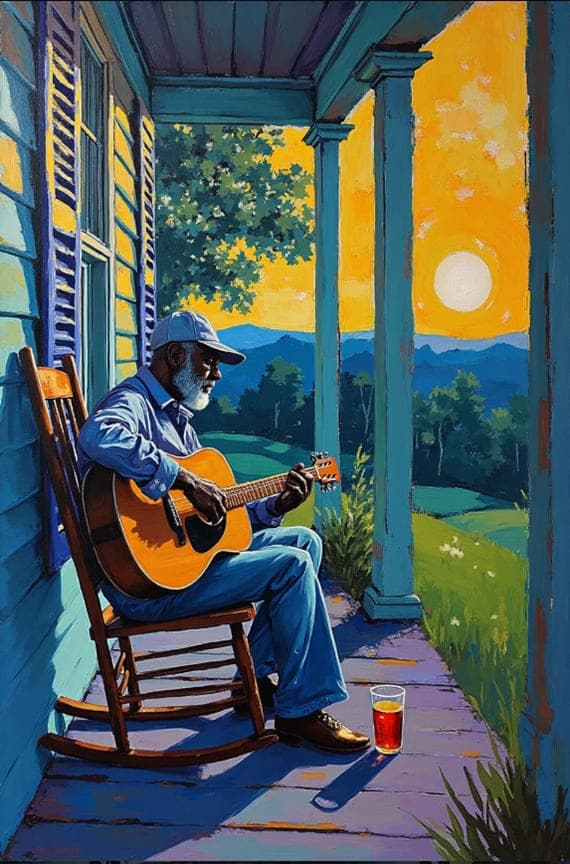 Elder Man Cap Porch Guitar Sunset Iced Tea Painting