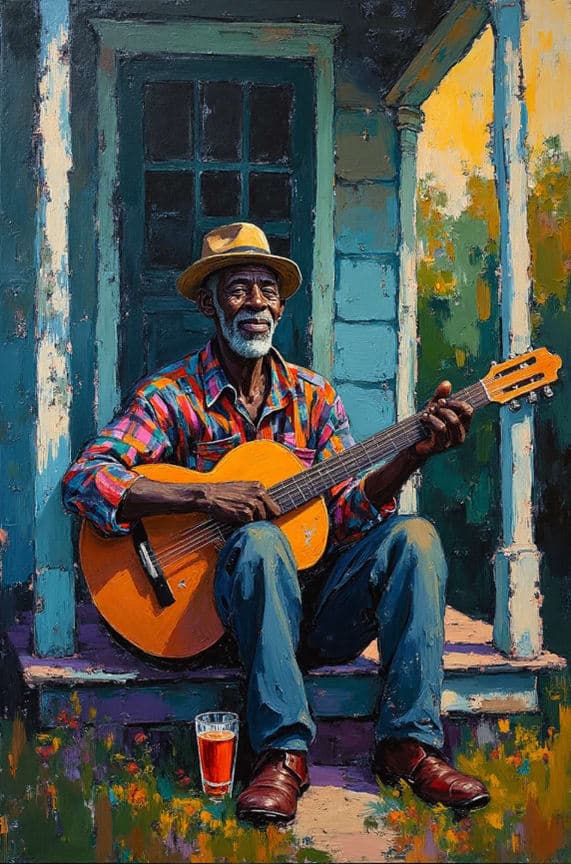 Elder Man Straw Hat Guitar Porch Steps Portrait