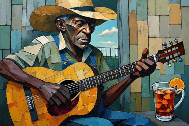 Cubist Man Straw Hat Gold Guitar Iced Tea Portrait