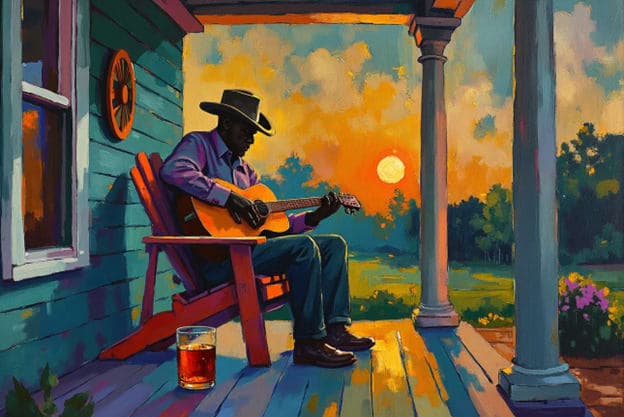 Silhouetted Cowboy Hat Man Guitar Red Chair Golden Sunset Painting