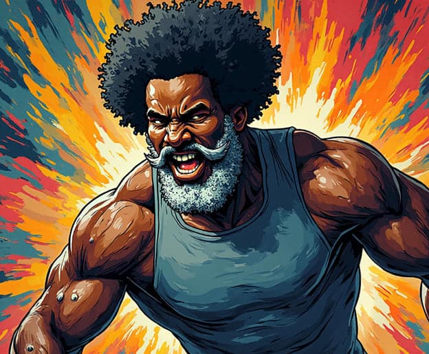 Angry Muscular Man Afro Beard Explosion Comic Illustration