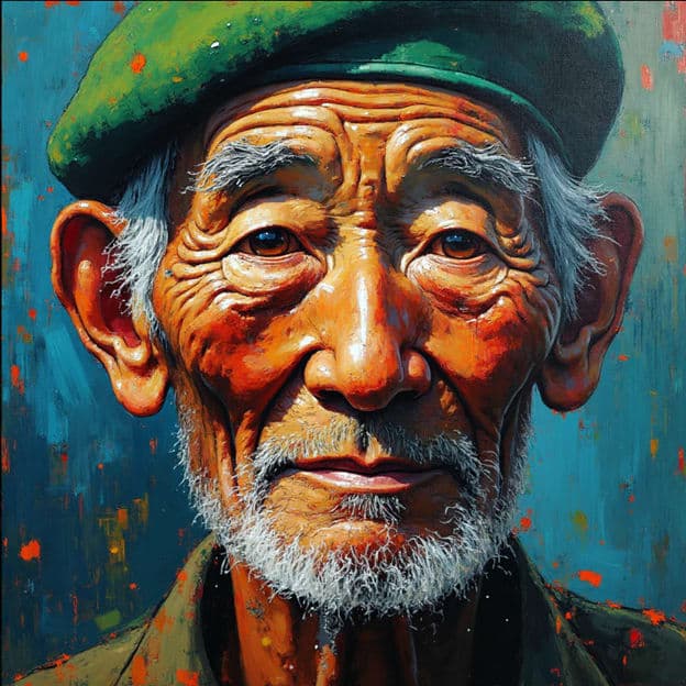 Elder Man Green Beret Weathered Face Portrait Painting
