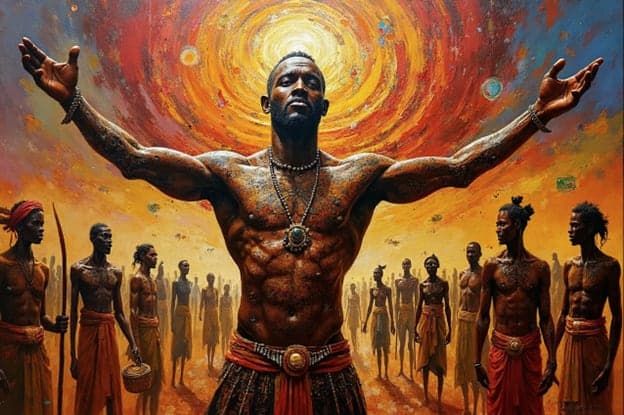 Shirtless Man Arms Outstretched Sunburst Tribal Figures Painting