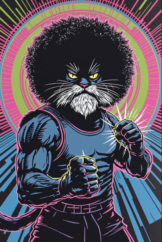 Anthropomorphic Cat Boxer Muscular Comic Illustration