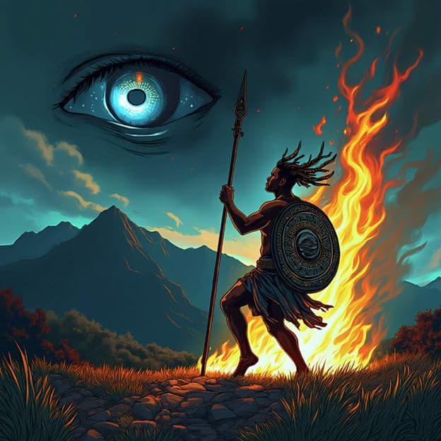Warrior Man Dreadlocks Spear Shield Fire Eye Mountains Illustration