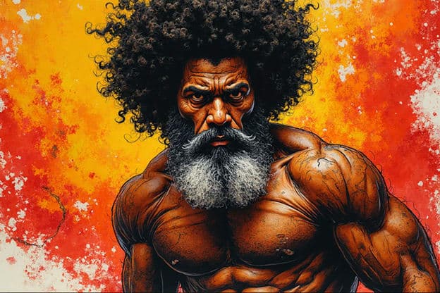 Muscular Bearded Man Afro Bust Fiery Background Illustration