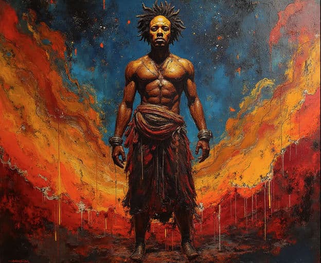 Dreadlocked Shirtless Man Chained Wrists Fire Landscape Painting