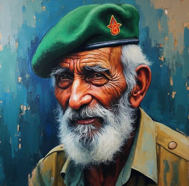Elder Veteran Man Green Beret Badge Weathered Portrait Painting