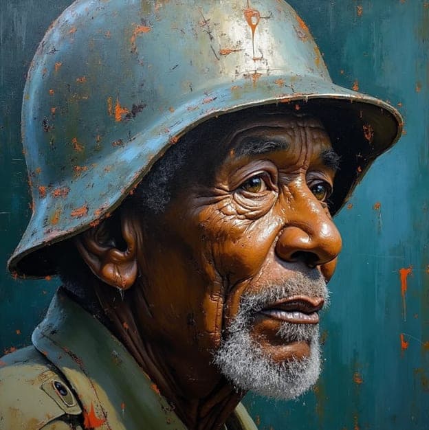 Elder Veteran Man Rusted Helmet Profile Teal Background Portrait Painting