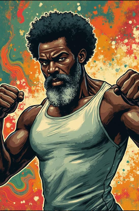 Muscular Bearded Man Afro Fists Raised Splatter Background Illustration