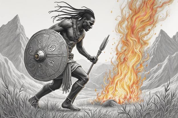 Dreadlocked Warrior Man Shield Spear Running Fire Mountains Illustration