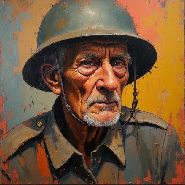 Elder Veteran Man Helmet Orange Yellow Background Portrait Painting