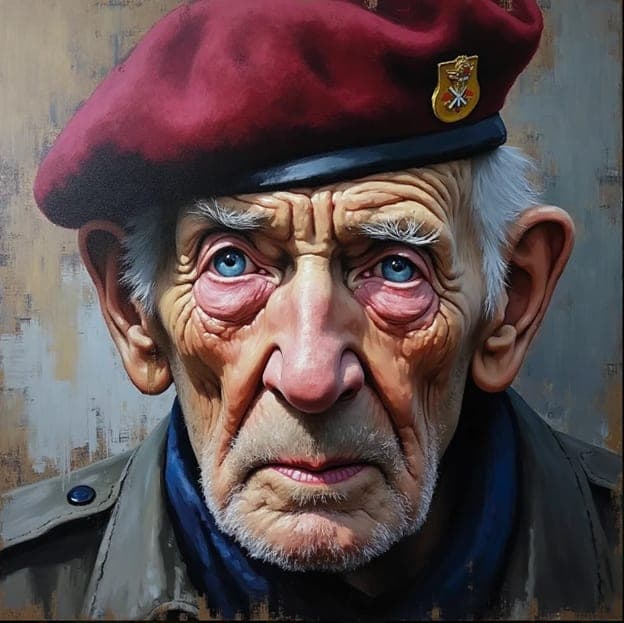 Elder Man Maroon Beret Badge Bloodshot Eyes Portrait Painting