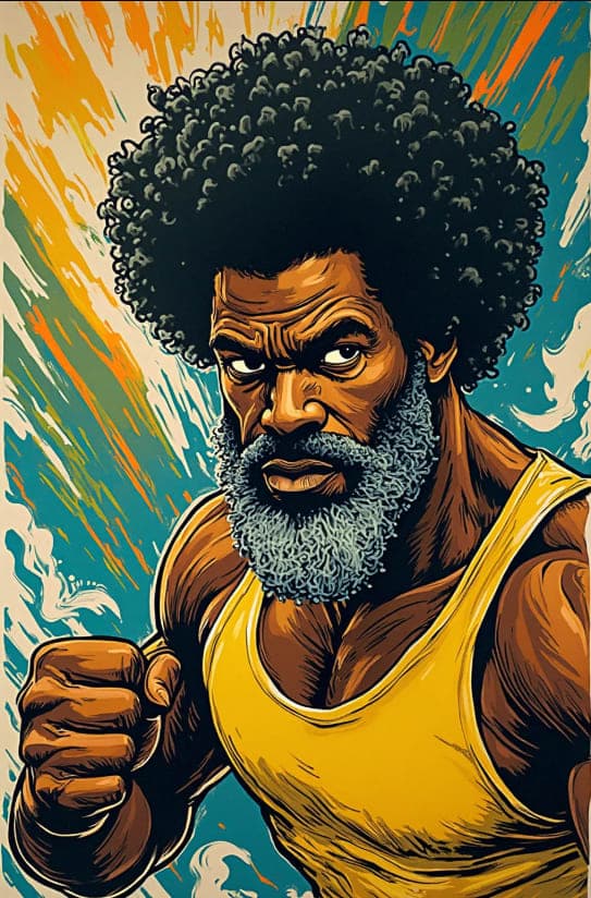 Muscular Bearded Man Afro Fist Raised Splatter Background Illustration V2