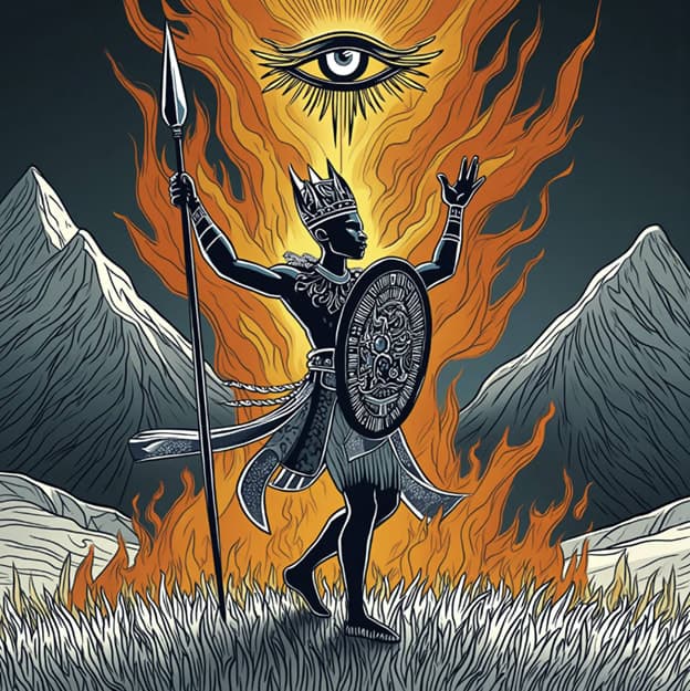 Crowned Warrior Man Spear Shield Flames All Seeing Eye Illustration
