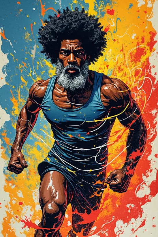 Muscular Bearded Man Afro Running Fists Splatter Background Illustration
