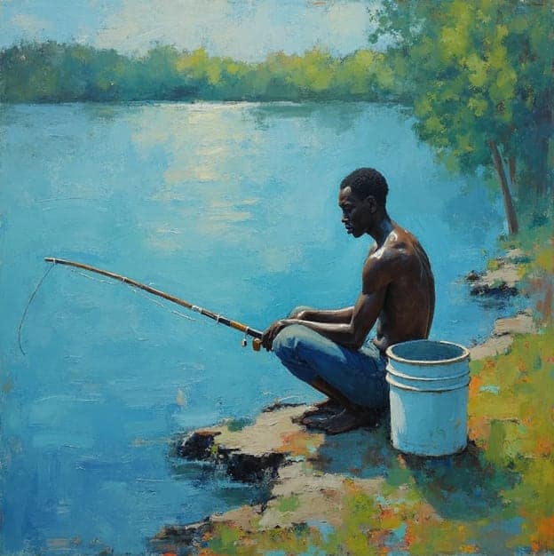 Shirtless Man Fishing Riverbank Bucket Painting