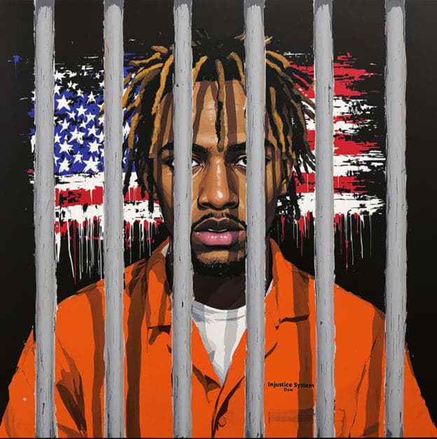 Dreadlocked Man Jail Bars Flag Injustice System Text Illustration