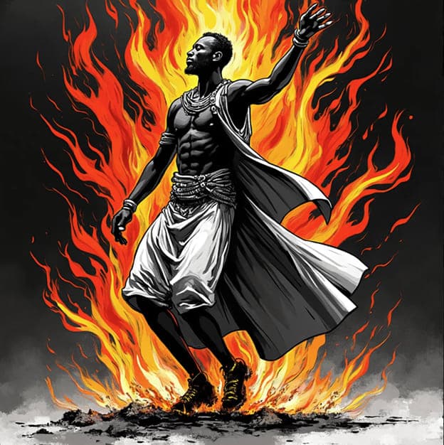 Man Ascending Flames White Cape Arm Raised Illustration