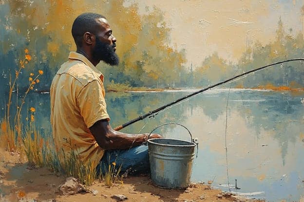 Bearded Man Yellow Shirt Fishing Bucket Lake Painting