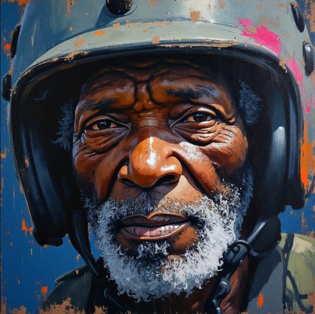 Elder Man Weathered Helmet Closeup Portrait Painting