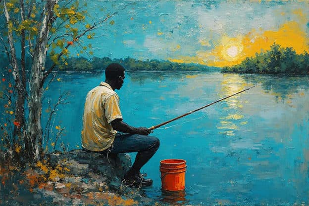 Man Fishing Sunset Lake Orange Bucket Painting