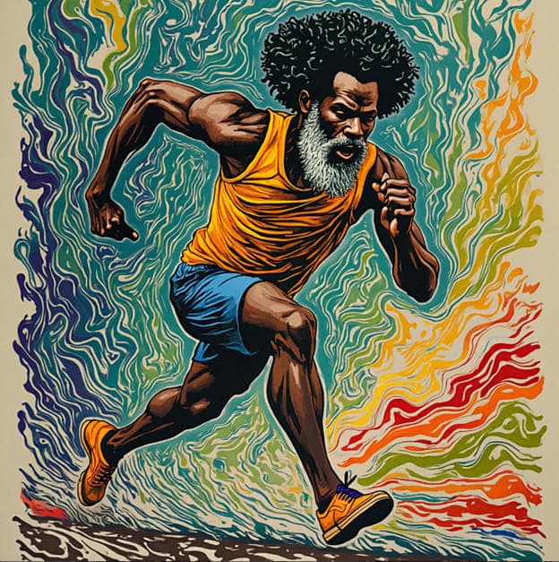 Muscular Bearded Man Afro Running Color Swirl Background Illustration