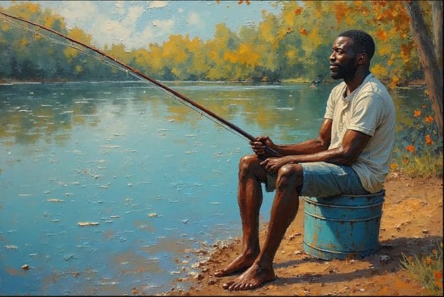 Man Fishing Blue Bucket River Autumn Trees Painting