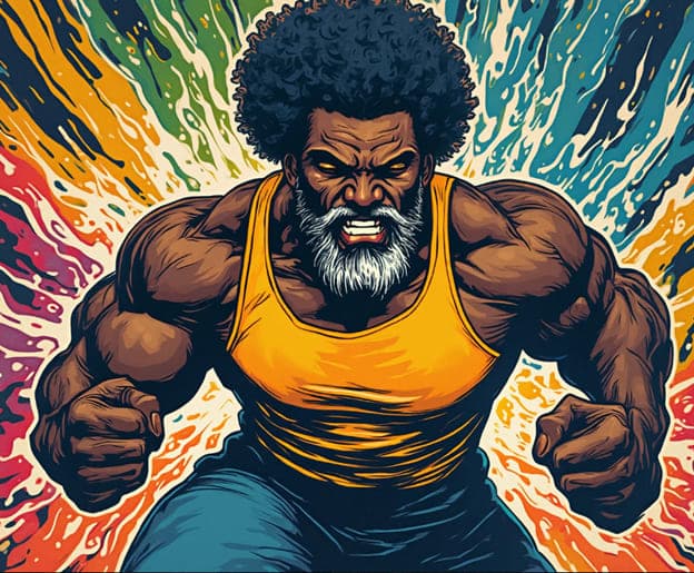 Muscular Bearded Man Afro Fists Forward Splatter Background Illustration