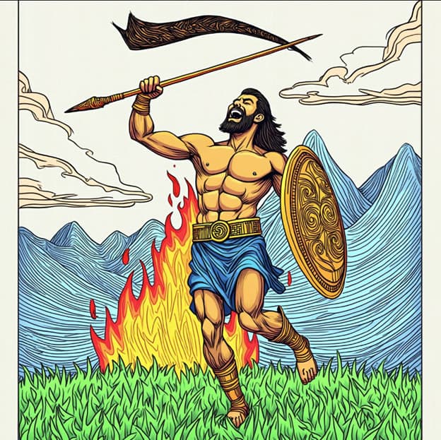 Shouting Warrior Man Spear Banner Shield Flames Mountains Illustration